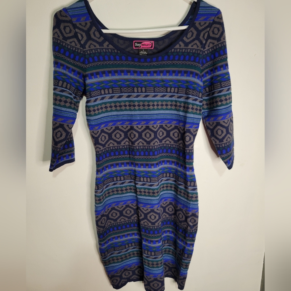 Say What? Women's Vintage Blue Body Con Sweater Dress Size Large Y2K